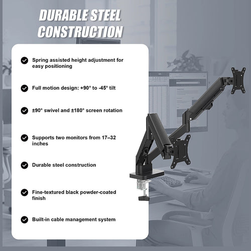 Dual Arm Monitor Desk Mount Bracket 17–32 Inch Spring Assisted Full Motion
