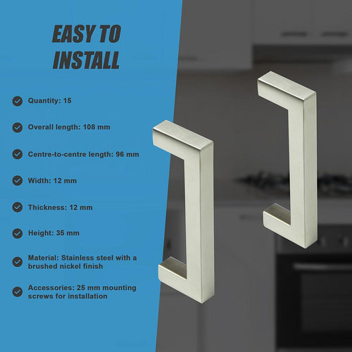 Brushed Nickel Stainless Steel Kitchen Cabinet Square Drawer Pull Door Handles 15-Pack 