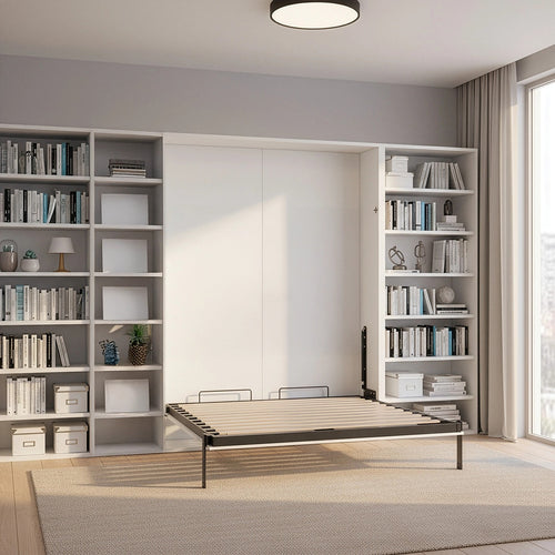 Double Wall Bed in White Gloss – Space Saving Murphy Bed Kit with Gold Door Handle