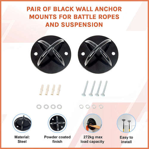 Pair of Black Wall Anchor Mounts for Battle Ropes, Suspension Training & Gym Use
