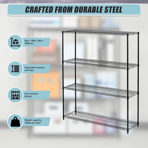 Modular Wire Storage Shelf 1500 x 350 x 1800mm Steel Shelving - Baking Black Technology