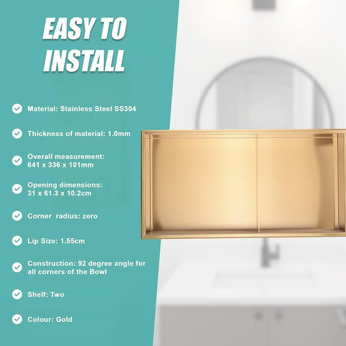 641 x 336 x 101mm Shower Niche Double Shelf Organizer No Tile Needed in Gold 