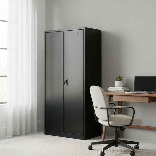 Double-Door Metal Cabinet with 4 Shelves – Office, Garage, or Home Storage in Black without Legs