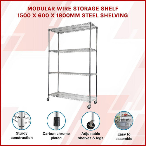 Modular Wire Storage Shelf 1500 x 600 x 1800mm Steel Shelving - Carbon Chrome Plated with Wheels