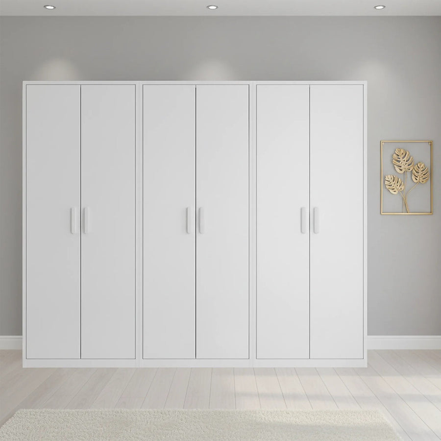 240x200cm 6-Door White Steel Hanging Wardrobe with White Handle Storage Cabinet