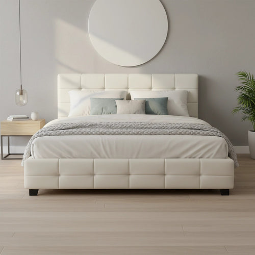 Queen Deluxe White PU Leather Upholstered Bed Frame with Headboard & Slats