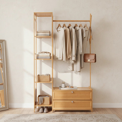 165x100cm Bamboo Clothes Rack Stand with Storage Shelves – Freestanding Garment Organiser in Wood