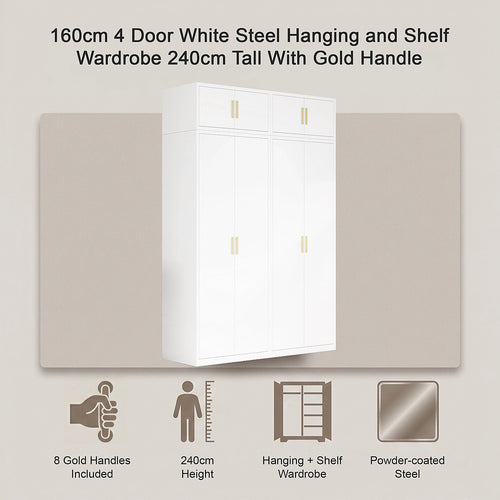 160x240cm 4-Door White Steel Hanging and Shelf Wardrobe with Gold Handle Storage Cabinet