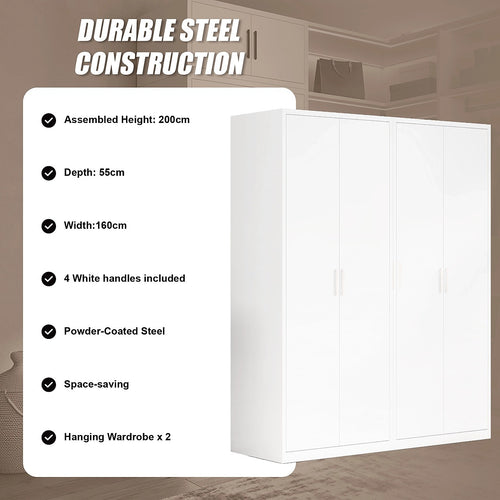 160x200cm 4-Door White Steel Hanging Wardrobe with White Handle Storage Cabinet