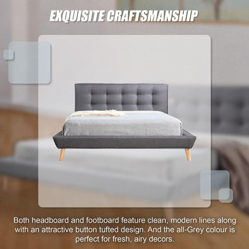 Double Linen Fabric Bed with Button Tufted Headboard - Grey