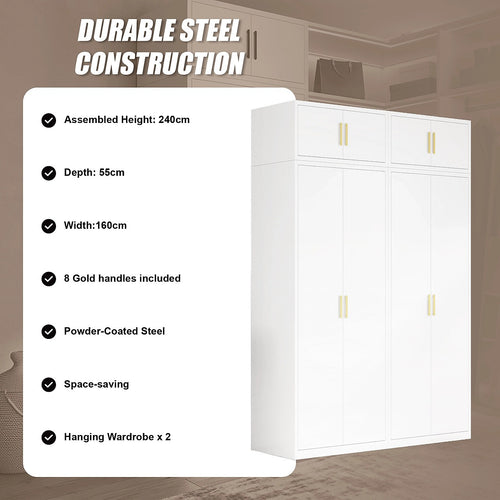 160x240cm 4-Door White Steel Hanging Wardrobe with Gold Handle Storage Cabinet