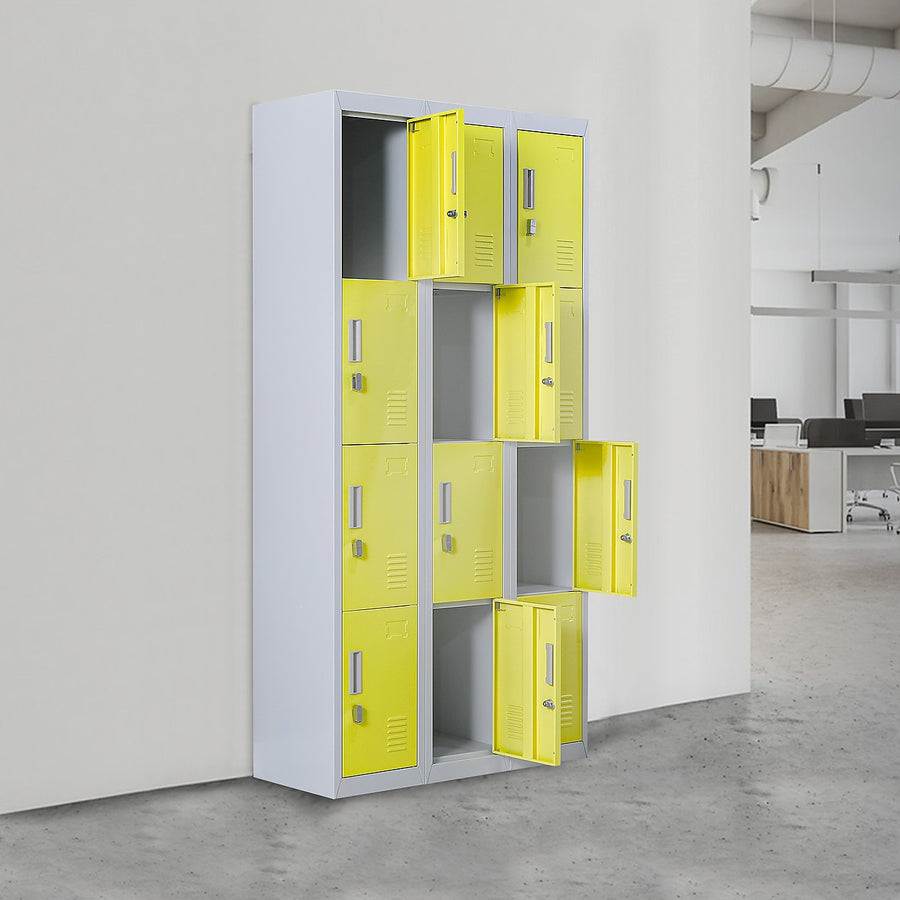 12-Door Locker – Grey with Yellow Door with Standard Lock with 2 Keys | Secure Storage for Office, Gym or School Use