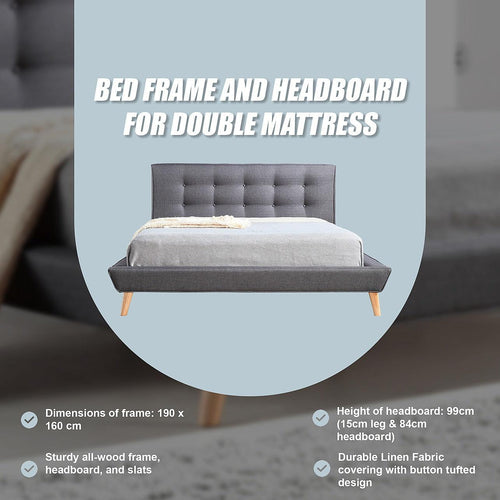 Double Linen Fabric Bed with Button Tufted Headboard - Grey