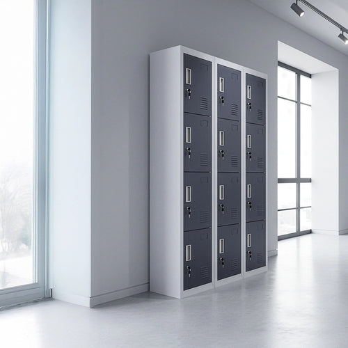 12-Door Locker – Grey with Charcoal Door with Standard Lock with 2 Keys | Secure Storage for Office, Gym or School Use
