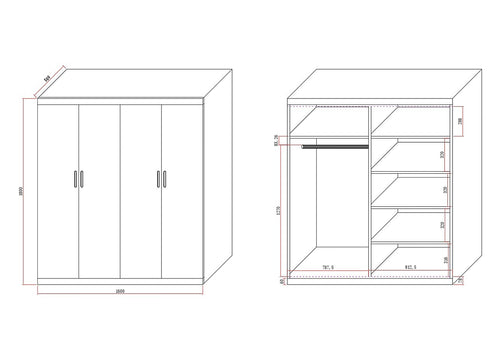 4 Door White Wardrobe Cabinet – Hanging Rail, Shelves & Black Handles