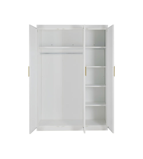 3 Door White Wardrobe – Gold Handles, Hanging Rail & Shelves