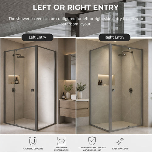 Semi-Frameless Shower Screen – Gunmetal, Front: (114~122)x195cm, Side: (77~80)x195cm