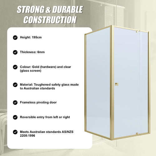 Adjustable Semi Frameless Shower Screen Front: (114~122)x195cm with Gold Hardware and Side: (89~92)x195cm