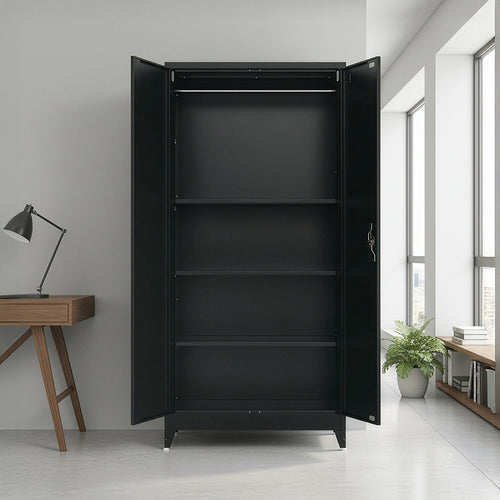 Double-Door Metal Cabinet with 4 Shelves – Office, Garage, or Home Storage in Black with Legs