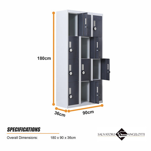 12-Door Steel Locker – Grey with Charcoal Door, 4-Digit Combination Lock