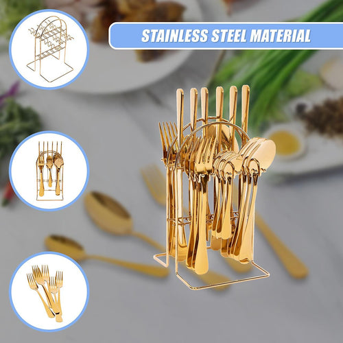 Tableware 24PC Gold Cutlery Set SS304 Household Knife Fork Spoon Kitchen with Storage Rack Dinner Service