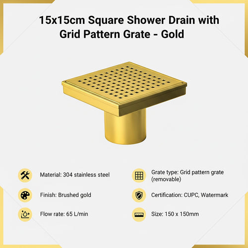 15 x 15cm Square Shower Drain with Grid Pattern Grate – Brushed Gold Stainless Steel