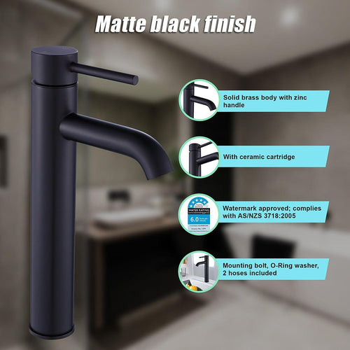 Tall Basin Mixer Tap Faucet - Kitchen Laundry Bathroom Sink in Black
