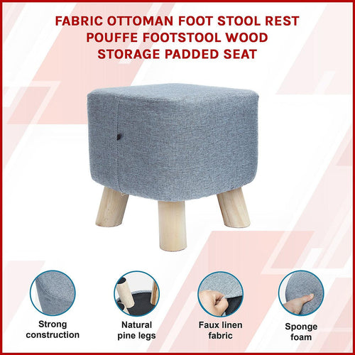 Grey Fabric Ottoman Foot Stool Rest Pouffe Wood Padded Seat  Squircle