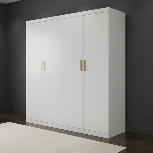 4 Door White Wardrobe Cabinet – Hanging Rail, Shelves & Gold Handles