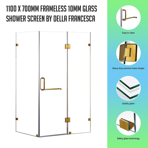 Frameless 10mm Glass Shower Screen 110 x 70cm GOLD Hinges/Brackets and ROUND Handle