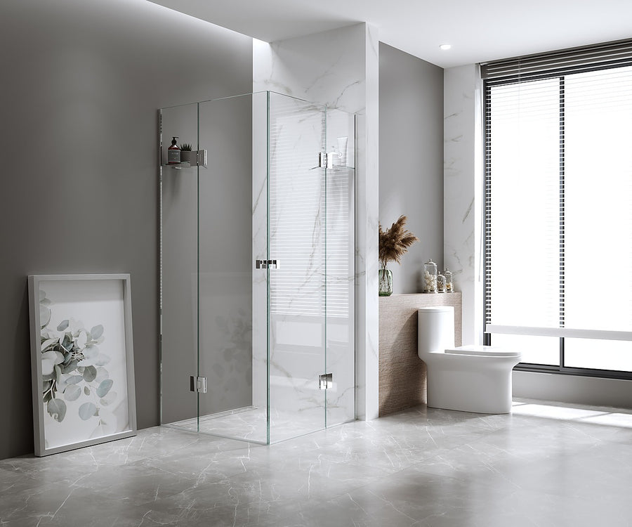 90x90cm Double Door Corner Shower Screen – Channels with Brass Hinges in Gold, Square knob Handles