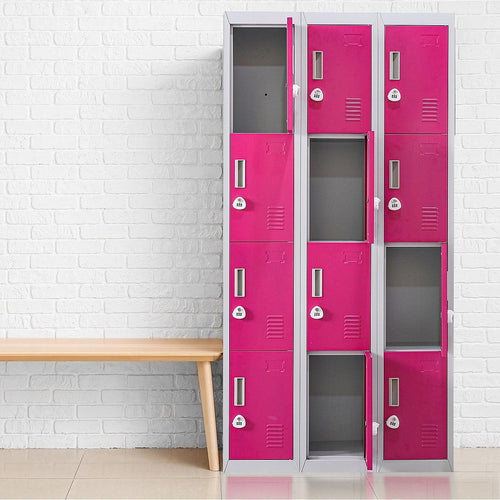 Grey with Pink Door 12-Door Locker for Office Gym Shed School Home Storage - 3-Digit Combination Lock