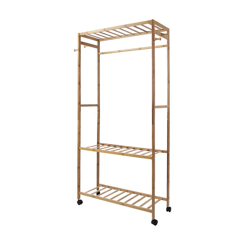 Heavy Duty Wooden Clothes Rail with Shelves & Wheels – Open Wardrobe Rack Stand