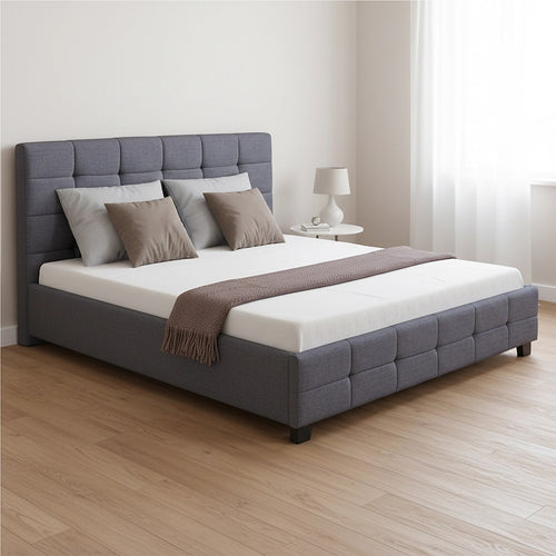 Double Deluxe Grey Linen Fabric Upholstered Bed Frame with Headboard & Slats