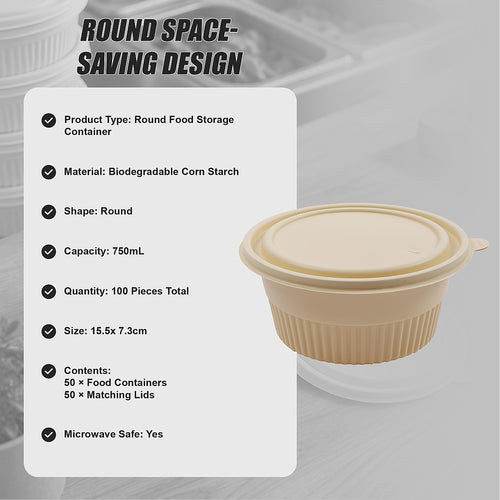100PCS Corn Starch Food Containers with Lids Round Takeaway Boxes 750mL