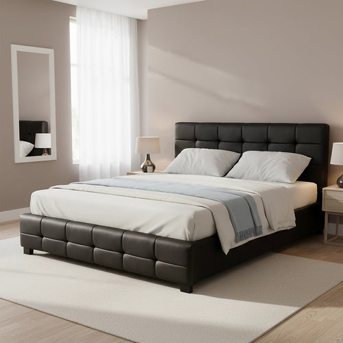Double Deluxe Black PU Leather Upholstered Bed Frame with Headboard & Slats