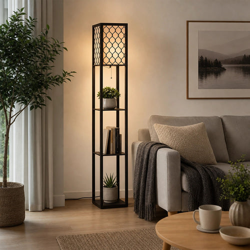 Shelf Floor Lamp with Shade and Open Shelves in Black Wood - Style B