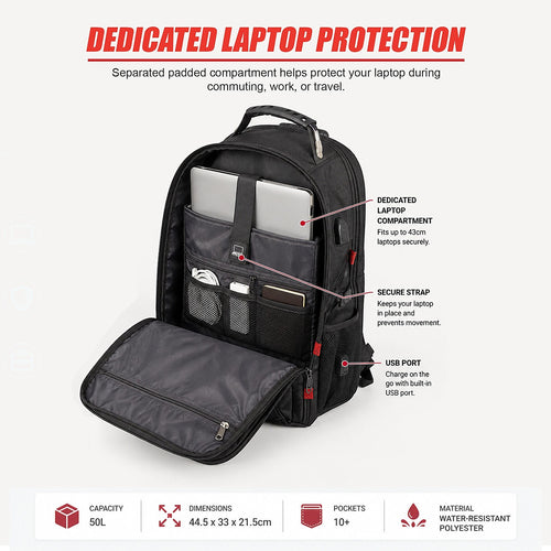 50L Travel Backpack with 43 cm Laptop Compartment & USB Port