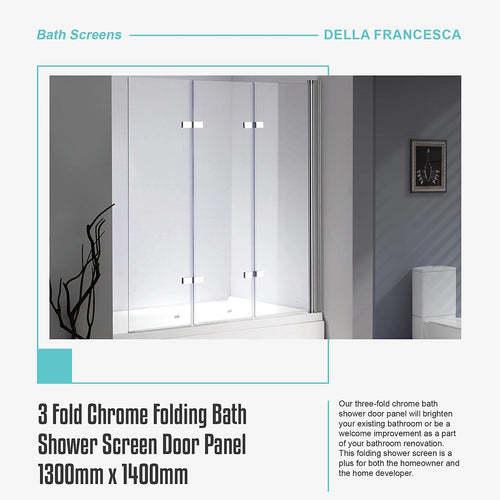 3 Fold CHROME Folding Bath Shower Screen Door Panel - 130 x 140cm
