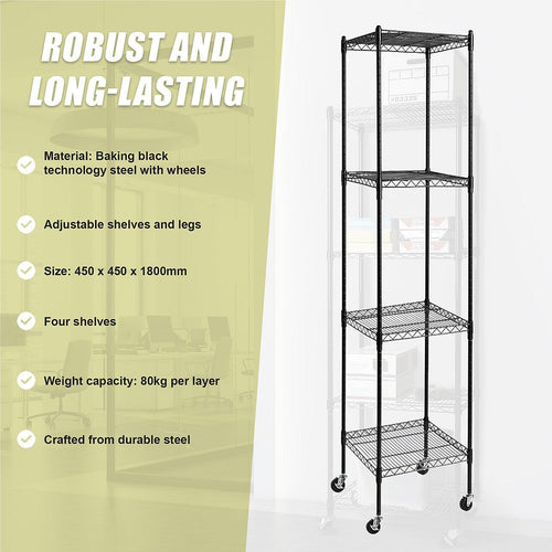 Modular Wire Storage Shelf 450 x 450 x 1800mm Steel Shelving - Baking Black Technology with Wheels