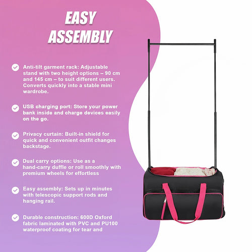 736.6 mm Heavy Duty Rolling Dance Bag with Built-In Garment Rack for Travel & Competitions