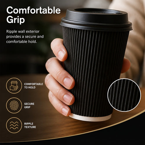 Black Triple Wall Coffee Cups with Matching Lids 500 Piece set 16oz