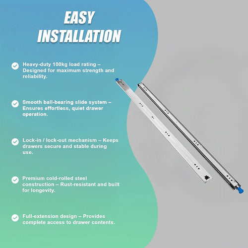 100cm Heavy Duty Drawer Runners Pair – 100kg Locking Slide Rails