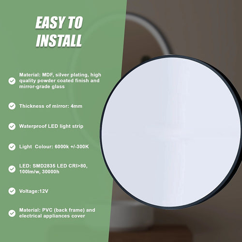 70cm Round Wall Mirror Bathroom Makeup Mirror by Della Francesca - Black