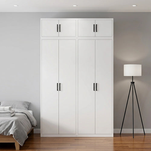 160x240cm 4-Door White Steel Hanging and Shelf Wardrobe with Black Handle Storage Cabinet