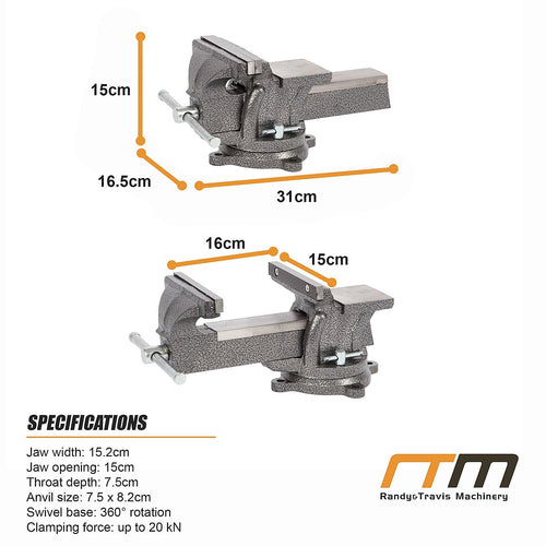 150mm Bench Vise with Anvil 360° Swivel Base Heavy Duty Ductile Iron