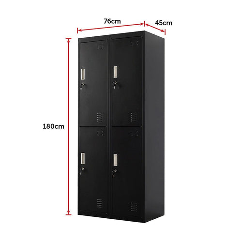 Black Four-Door Office Gym Shed Storage Locker- Standard Lock with 2 Keys