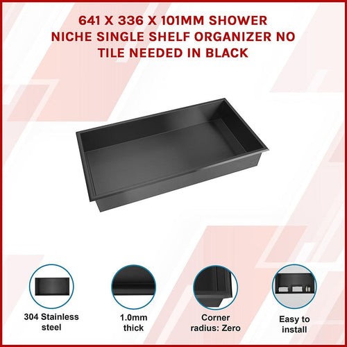 641 x 336 x 101mm Shower Niche Single Shelf Organizer No Tile Needed in Black Finish