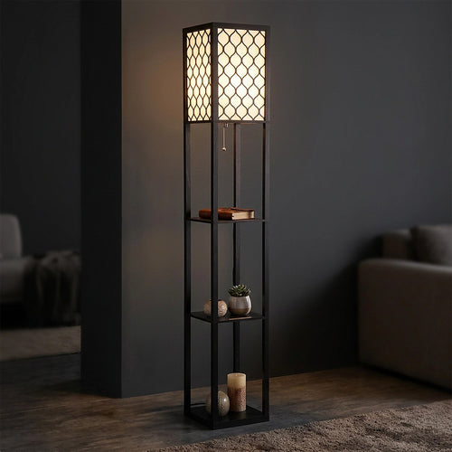 Shelf Floor Lamp with Shade and Open Shelves in Black Wood - Style B