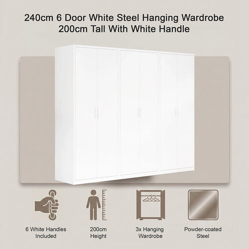 240x200cm 6-Door White Steel Hanging Wardrobe with White Handle Storage Cabinet